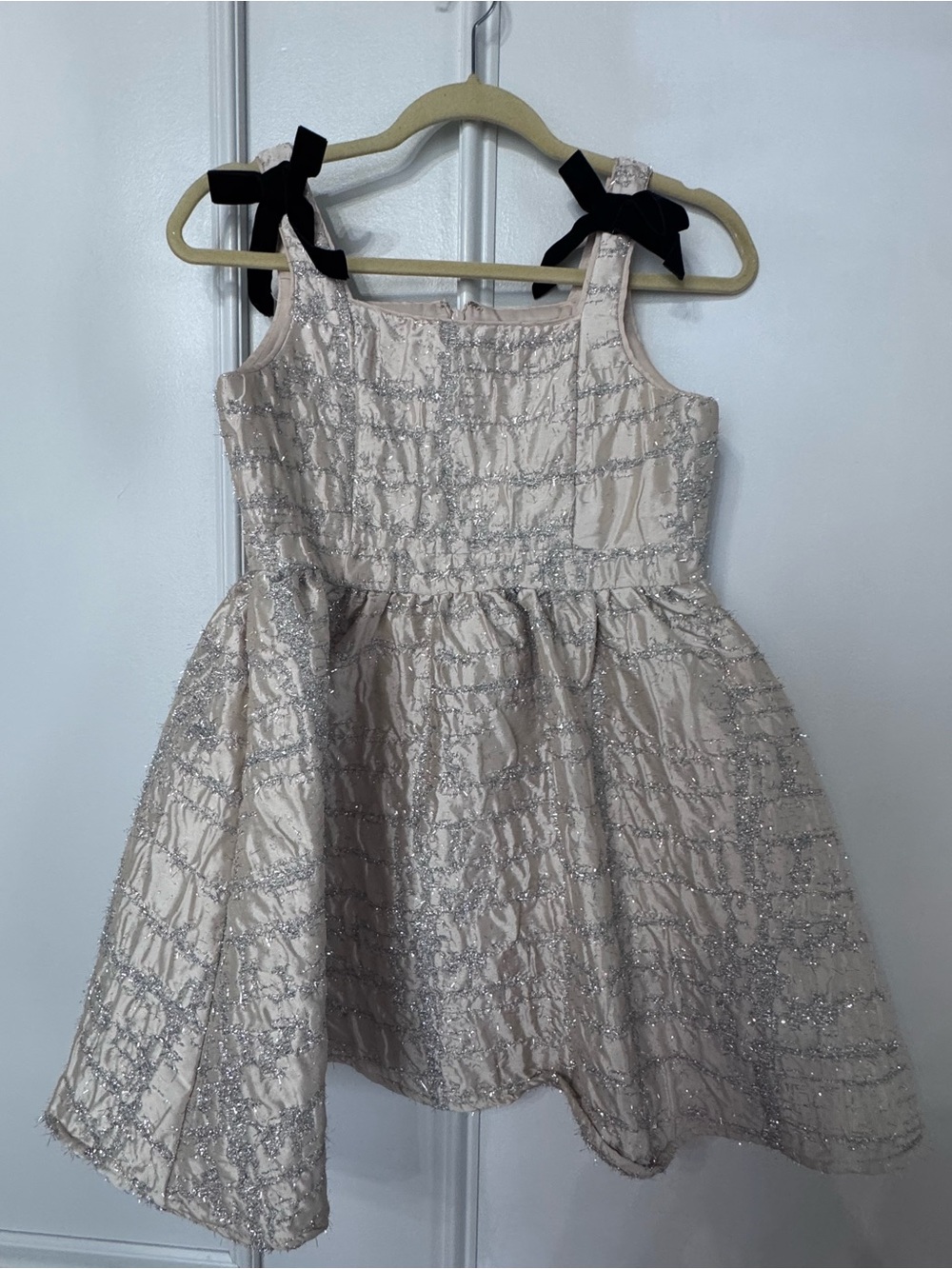 Champagne Glitter Girls Formal Dress with Black Bow Straps